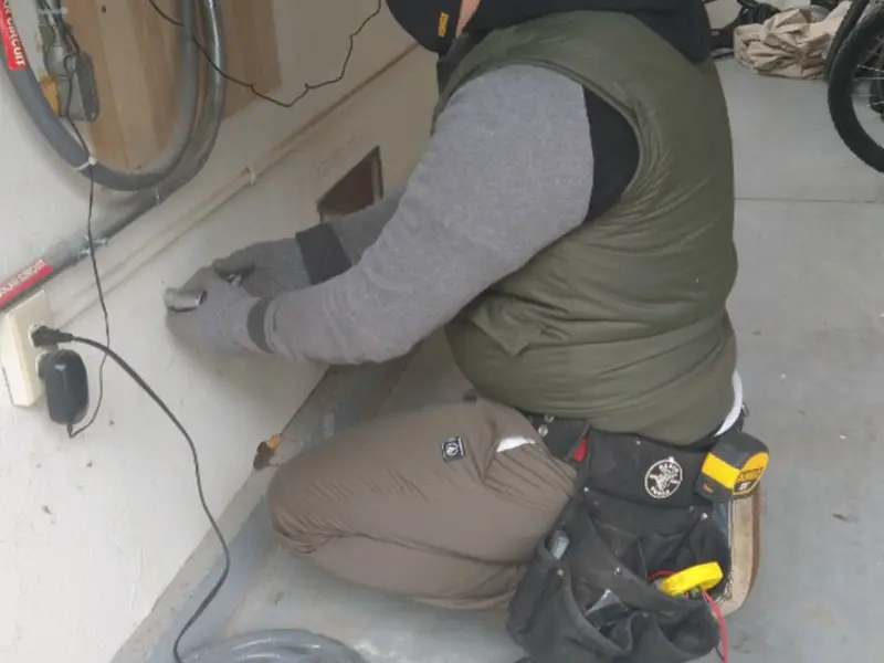 Electrician performing outlet wiring in a Green Level garage